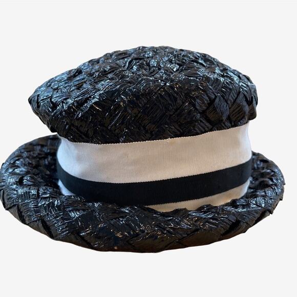 Roller Raffia Hat Black With White Stripe Ribbon Band 1960s MidMod - Picture 6 of 9